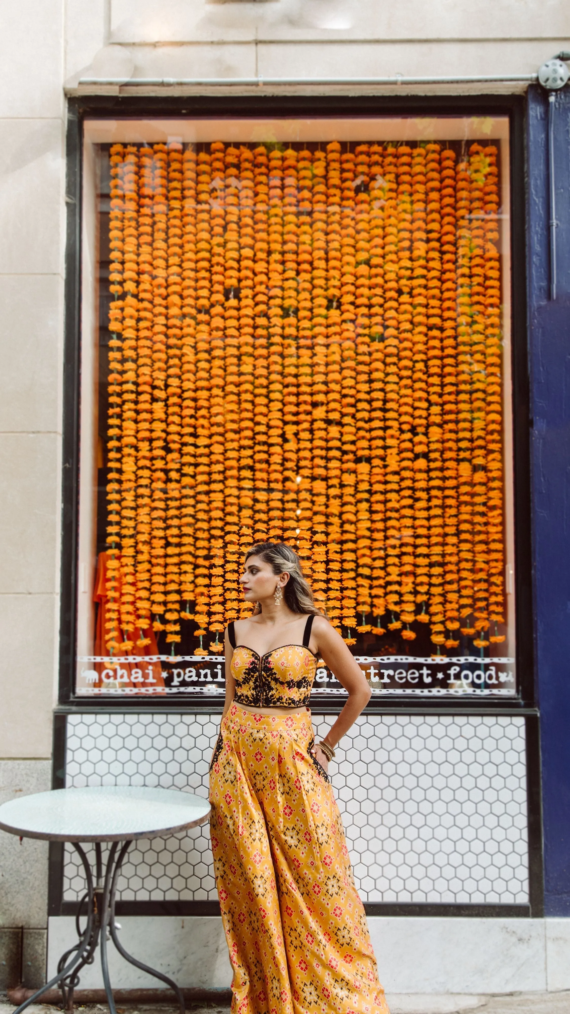 Marigold printed palazzo pants with matching corset
