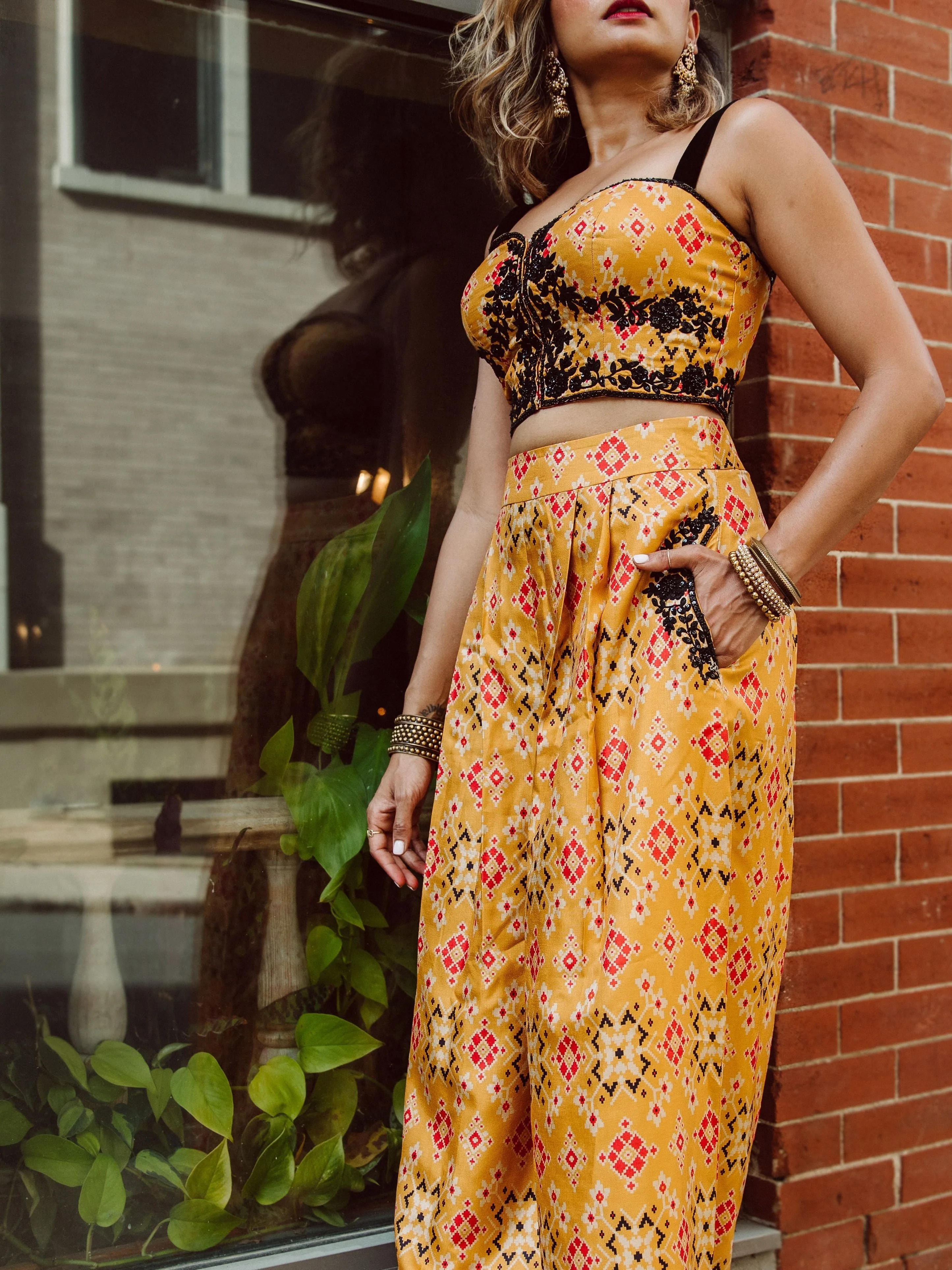 Marigold printed palazzo pants with matching corset