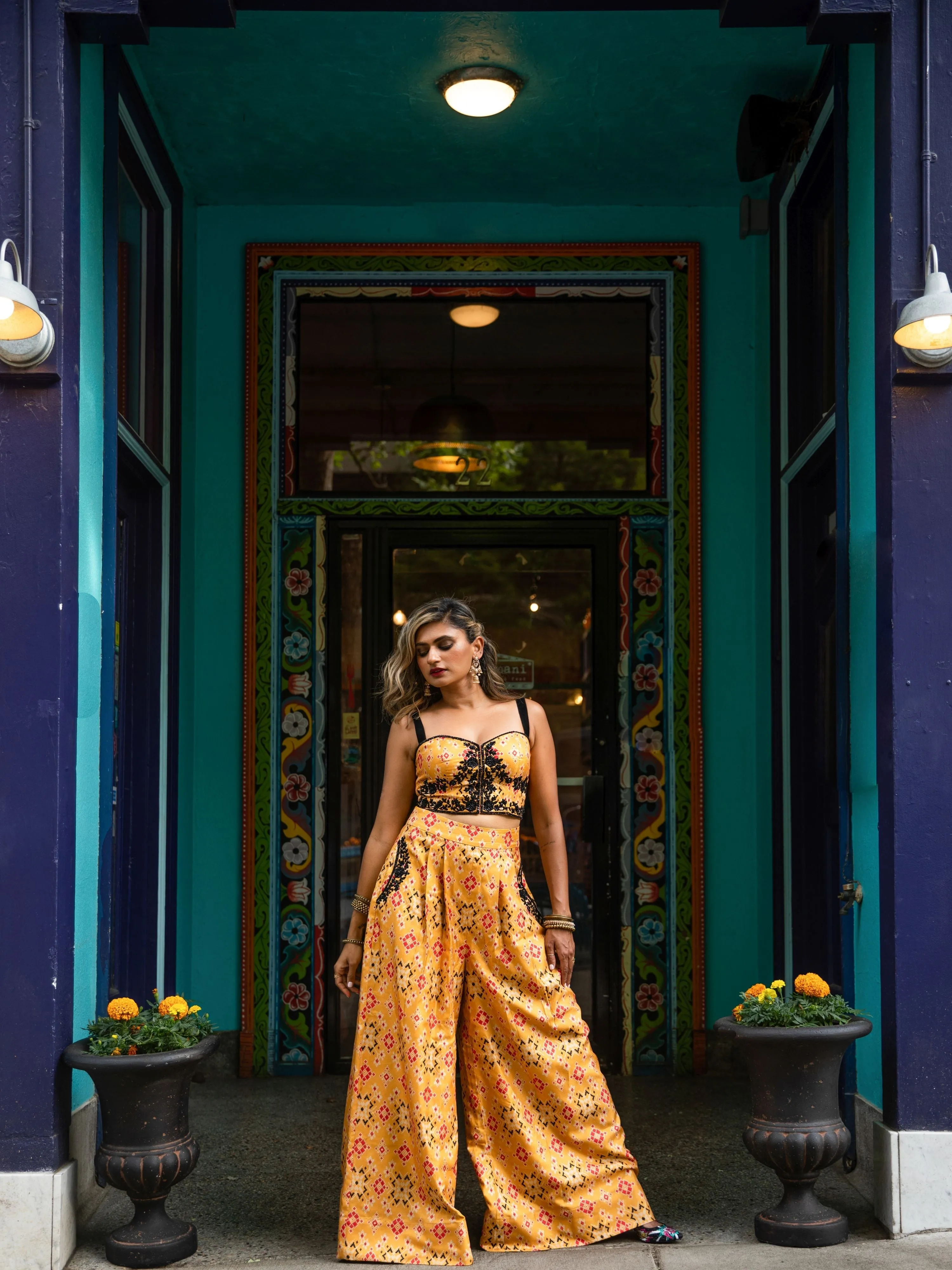 Marigold printed palazzo pants with matching corset