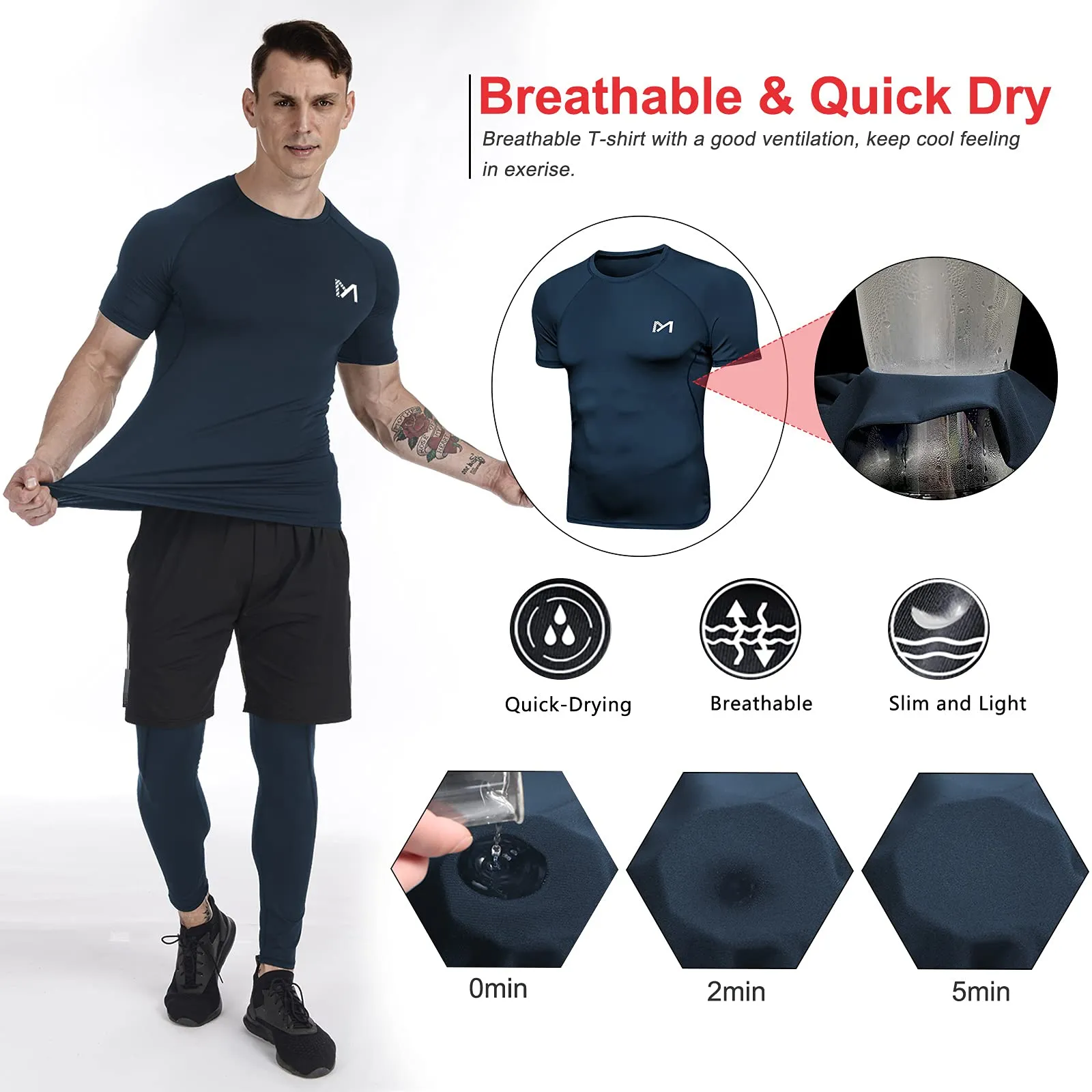 MEETYOO Tee Shirt Compression Homme, Legging Sport Short Fitness T Shirt Manches Courtes Collant Gym Running Vetement pour Jogging Musculation