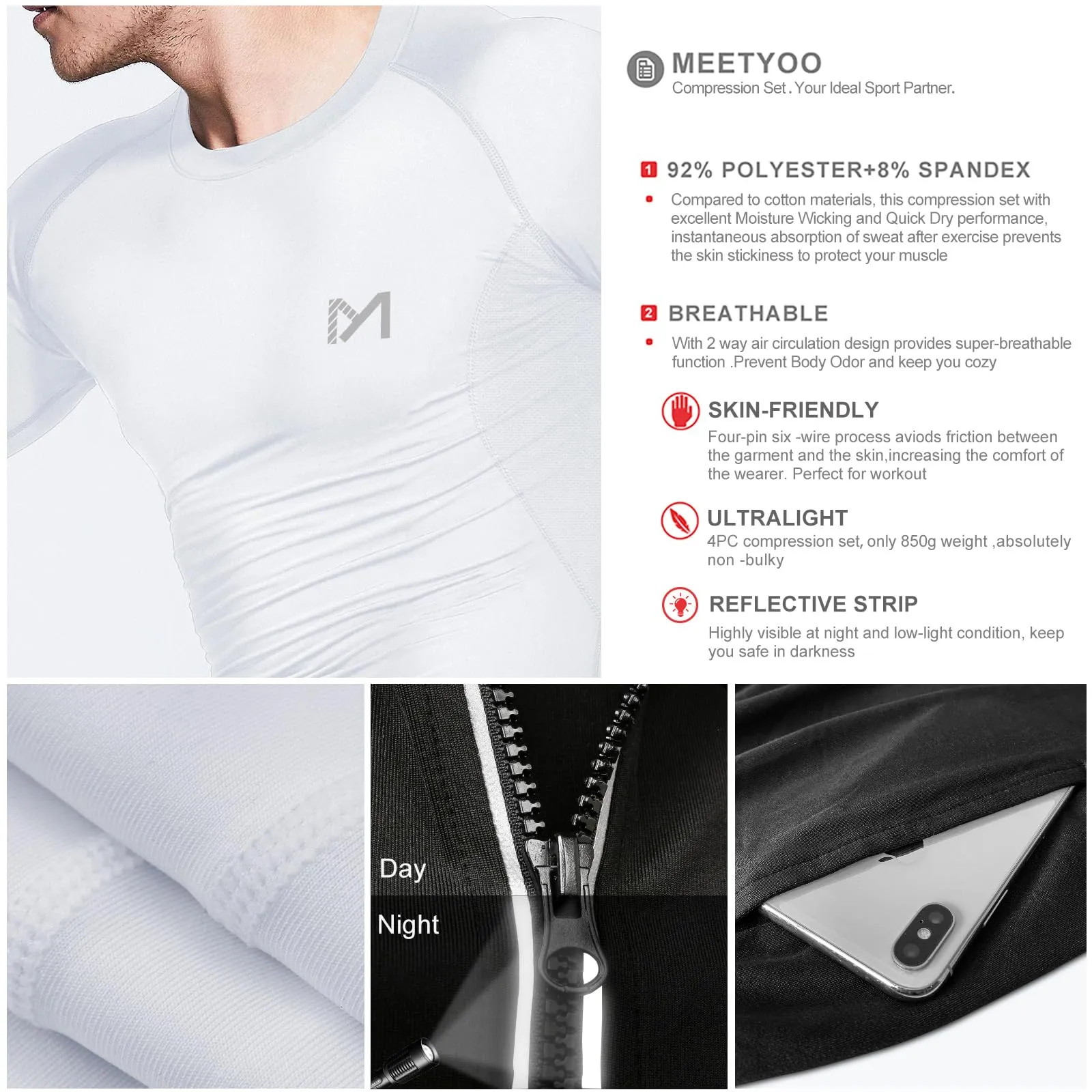 MEETYOO Tee Shirt Compression Homme, Legging Sport Short Fitness T Shirt Manches Courtes Collant Gym Running Vetement pour Jogging Musculation