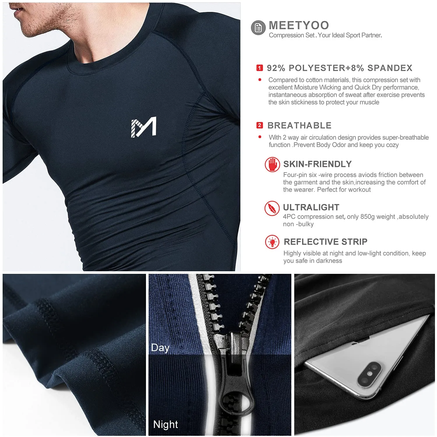 MEETYOO Tee Shirt Compression Homme, Legging Sport Short Fitness T Shirt Manches Courtes Collant Gym Running Vetement pour Jogging Musculation