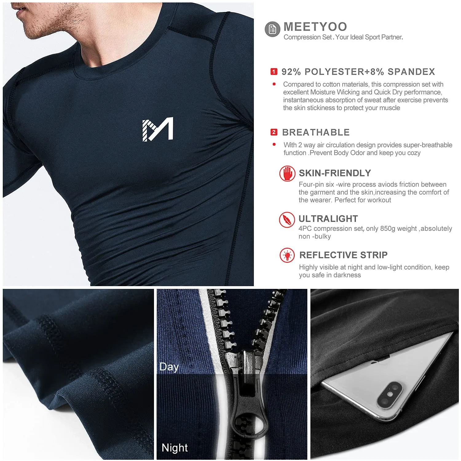 MEETYOO Tee Shirt Compression Homme, Legging Sport Short Fitness T Shirt Manches Courtes Collant Gym Running Vetement pour Jogging Musculation