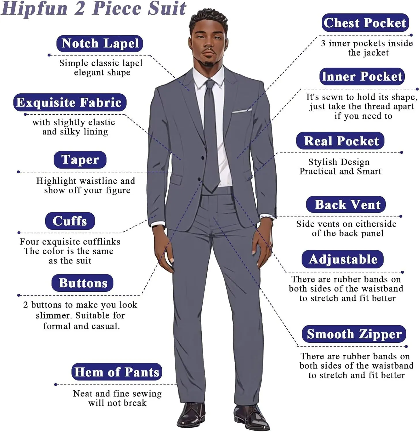 Mens 2 Piece Slim Fit Suit Set Two Button Solid Suit Jacket Pants with Tie Notch Lapel Casual Wedding Suits