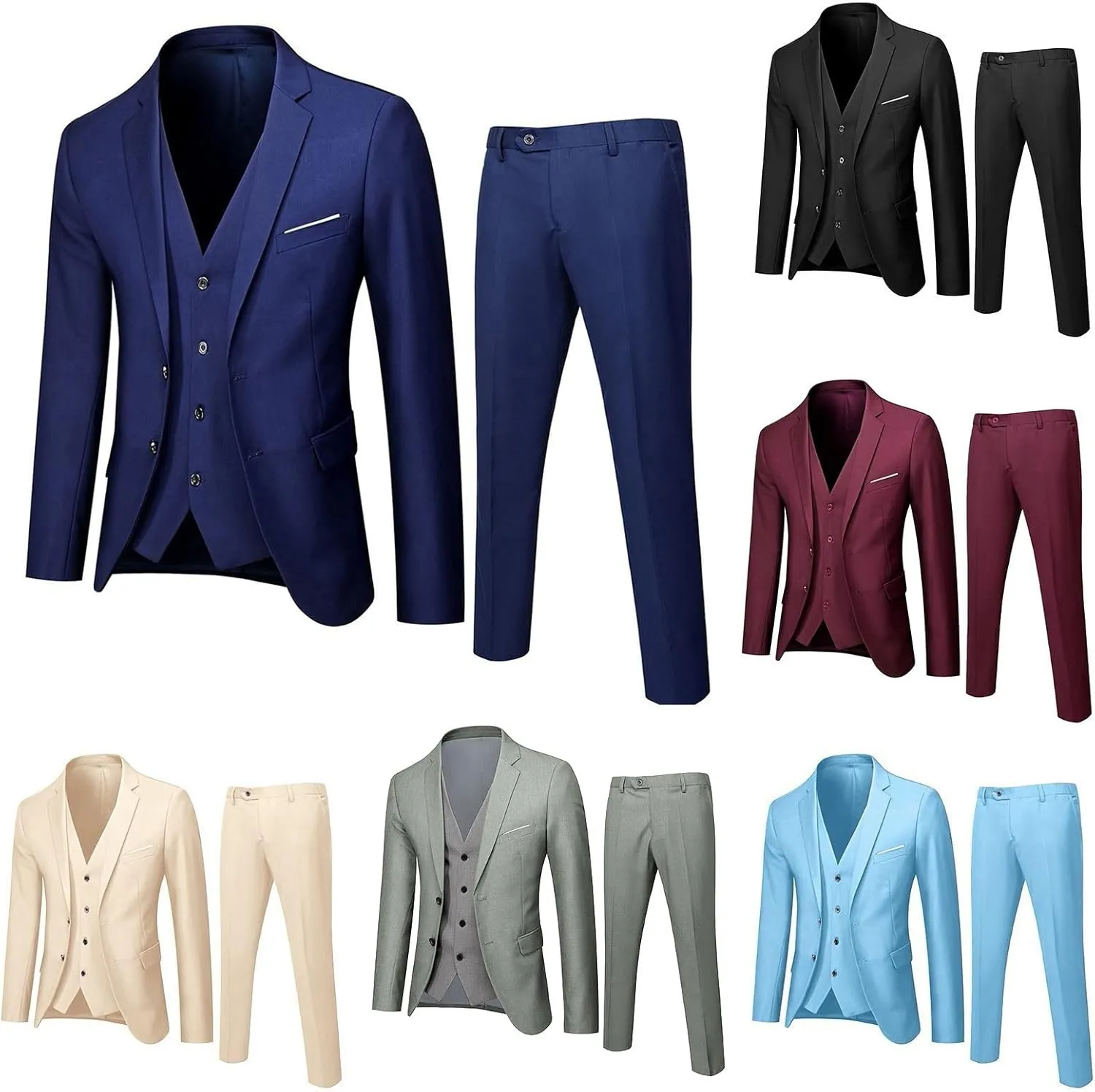 Men's 3-Piece Suits Solid Slim Fit Button Dress Suit Jacket Blazer Vest Pants Set for Wedding Business Dinner Prom
