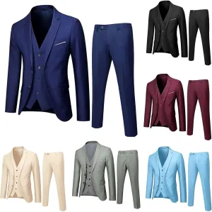 Men's 3-Piece Suits Solid Slim Fit Button Dress Suit Jacket Blazer Vest Pants Set for Wedding Business Dinner Prom