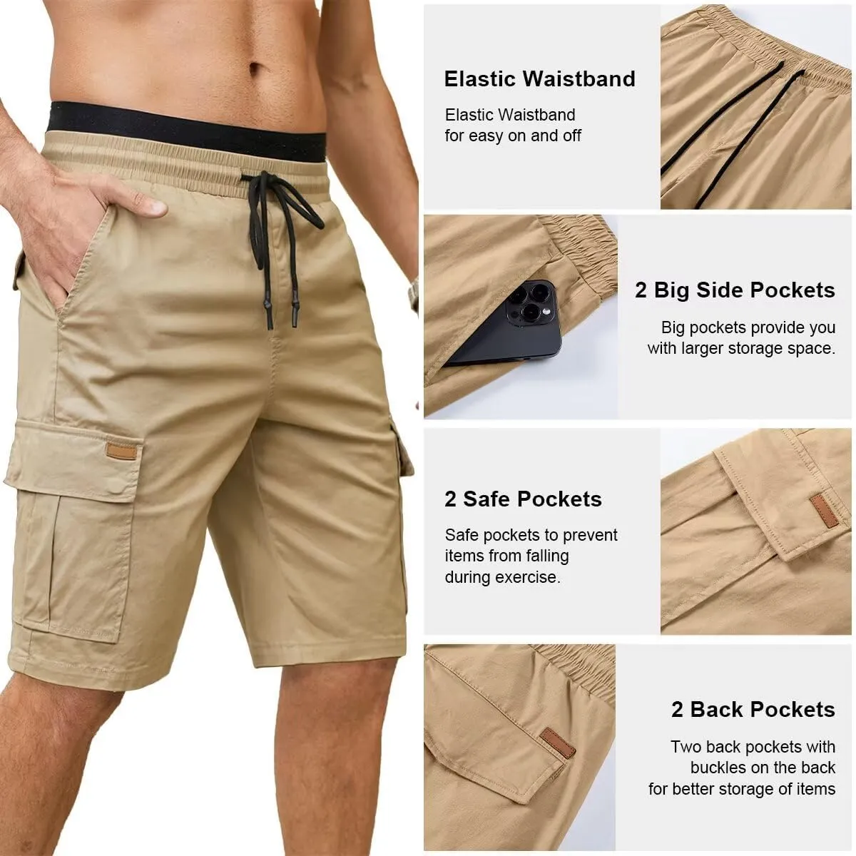 Mens Cargo Shorts Casual Waist Elastic Drawstring Outdoor Golf Shorts with 6 Pockets