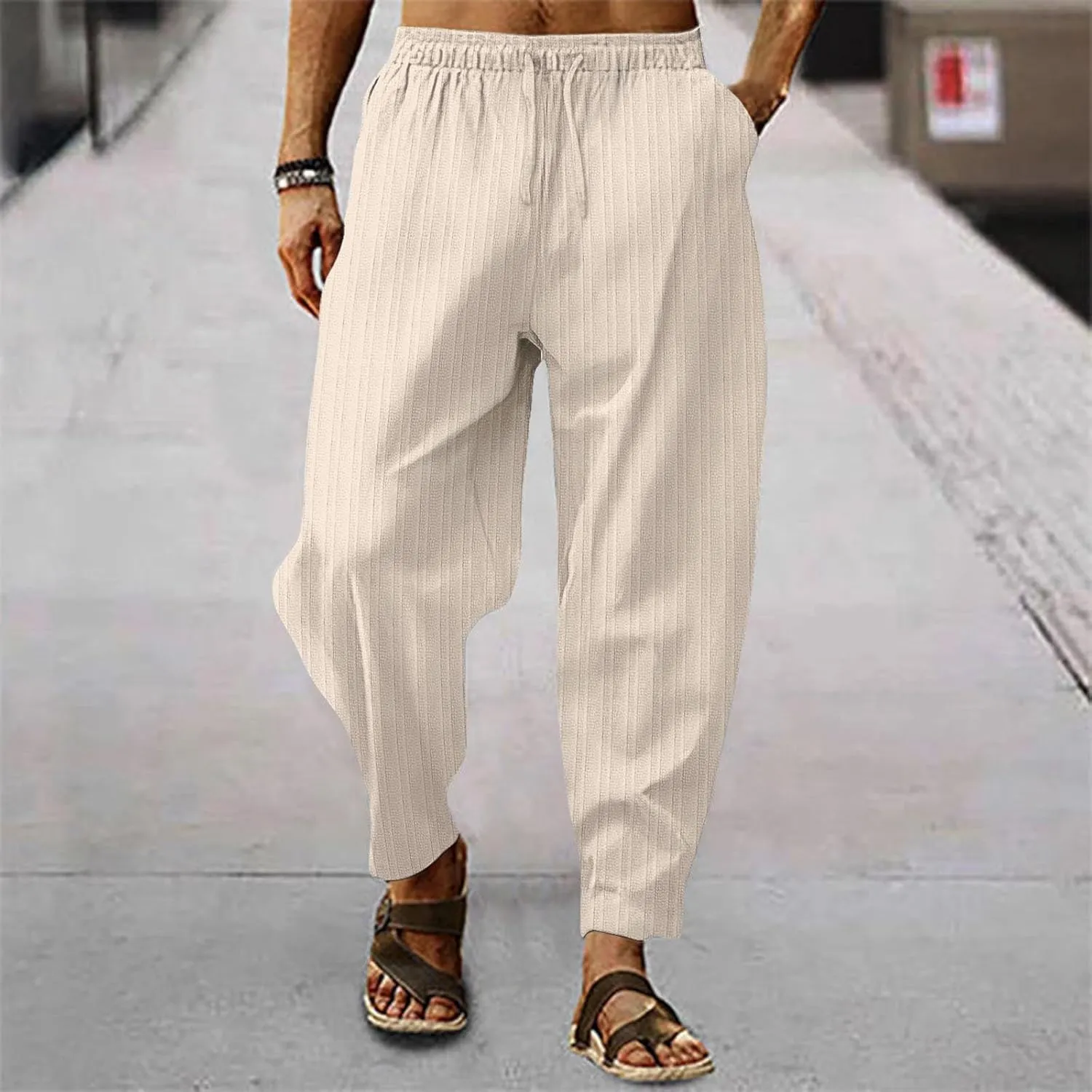 Men's Cotton Linen Harem Pants Loose Elastic Waist Lightweight Yoga Beach Pants Casual Cropped Trousers with Pockets