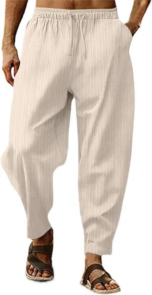 Men's Cotton Linen Harem Pants Loose Elastic Waist Lightweight Yoga Beach Pants Casual Cropped Trousers with Pockets