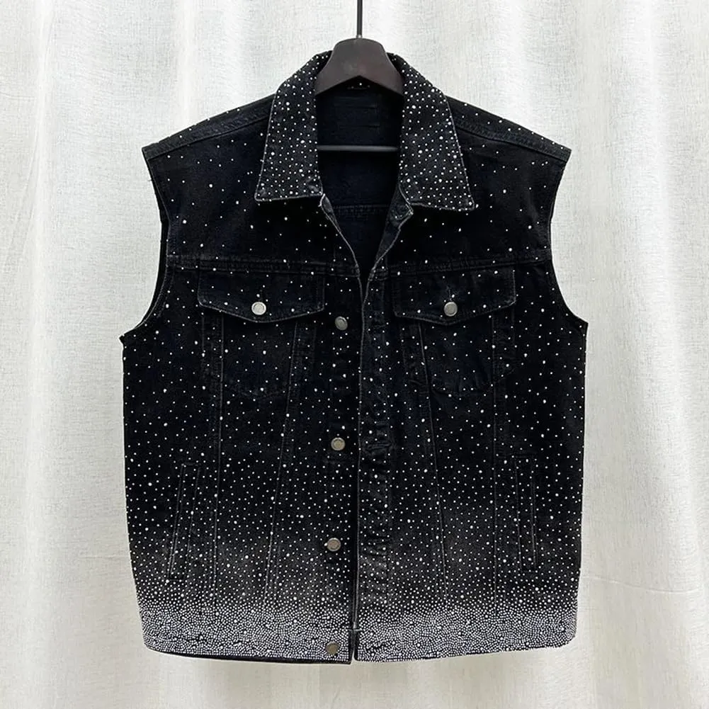 Mens Denim Vests Sleeveless Party Rhinestones Button Down Jean Vest Jackets