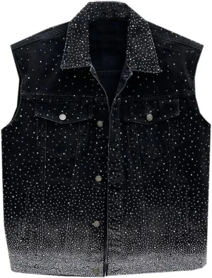 Mens Denim Vests Sleeveless Party Rhinestones Button Down Jean Vest Jackets