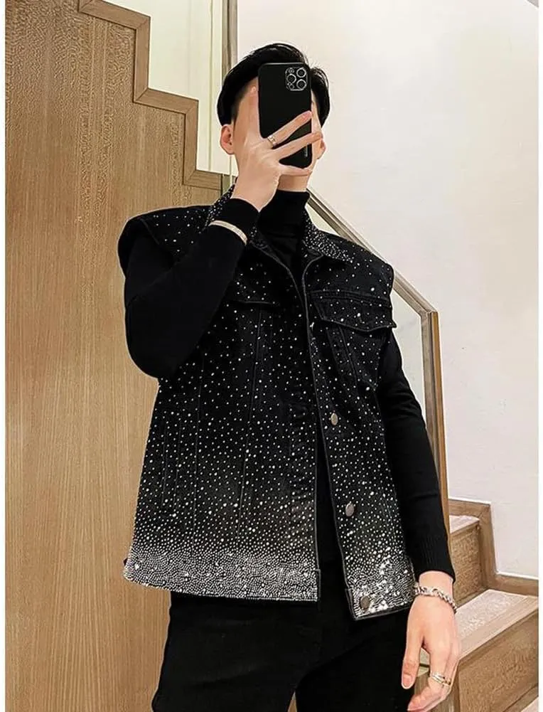 Mens Denim Vests Sleeveless Party Rhinestones Button Down Jean Vest Jackets