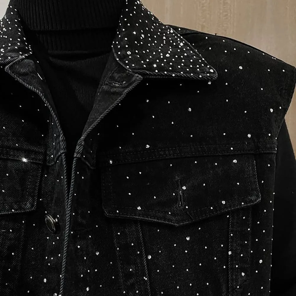 Mens Denim Vests Sleeveless Party Rhinestones Button Down Jean Vest Jackets