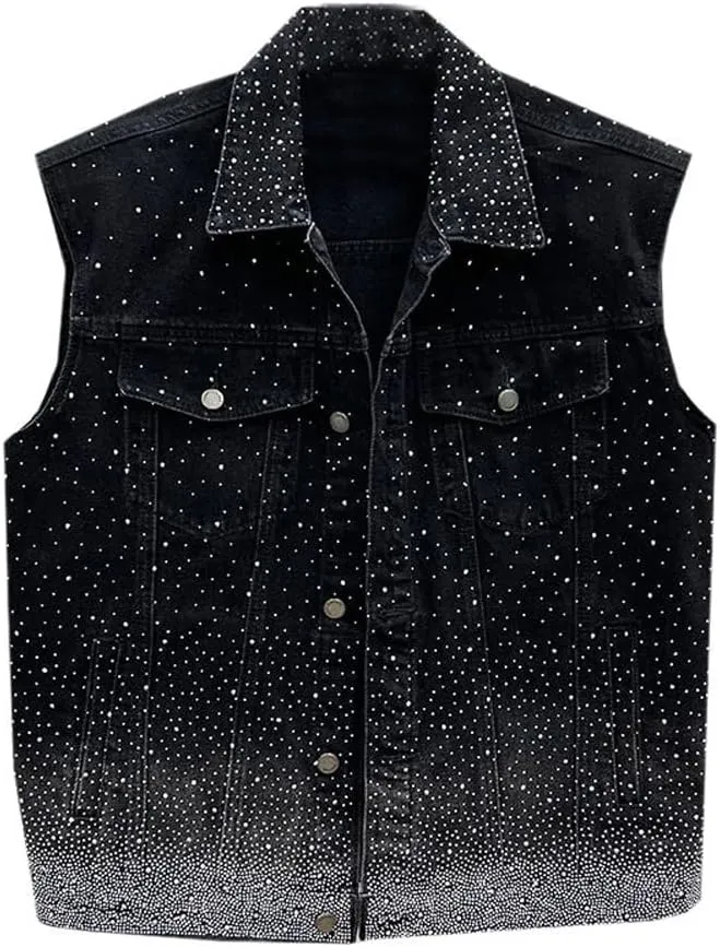 Mens Denim Vests Sleeveless Party Rhinestones Button Down Jean Vest Jackets