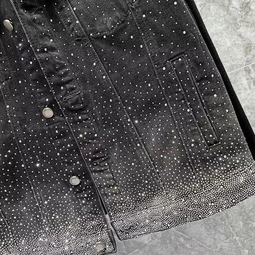 Mens Denim Vests Sleeveless Party Rhinestones Button Down Jean Vest Jackets