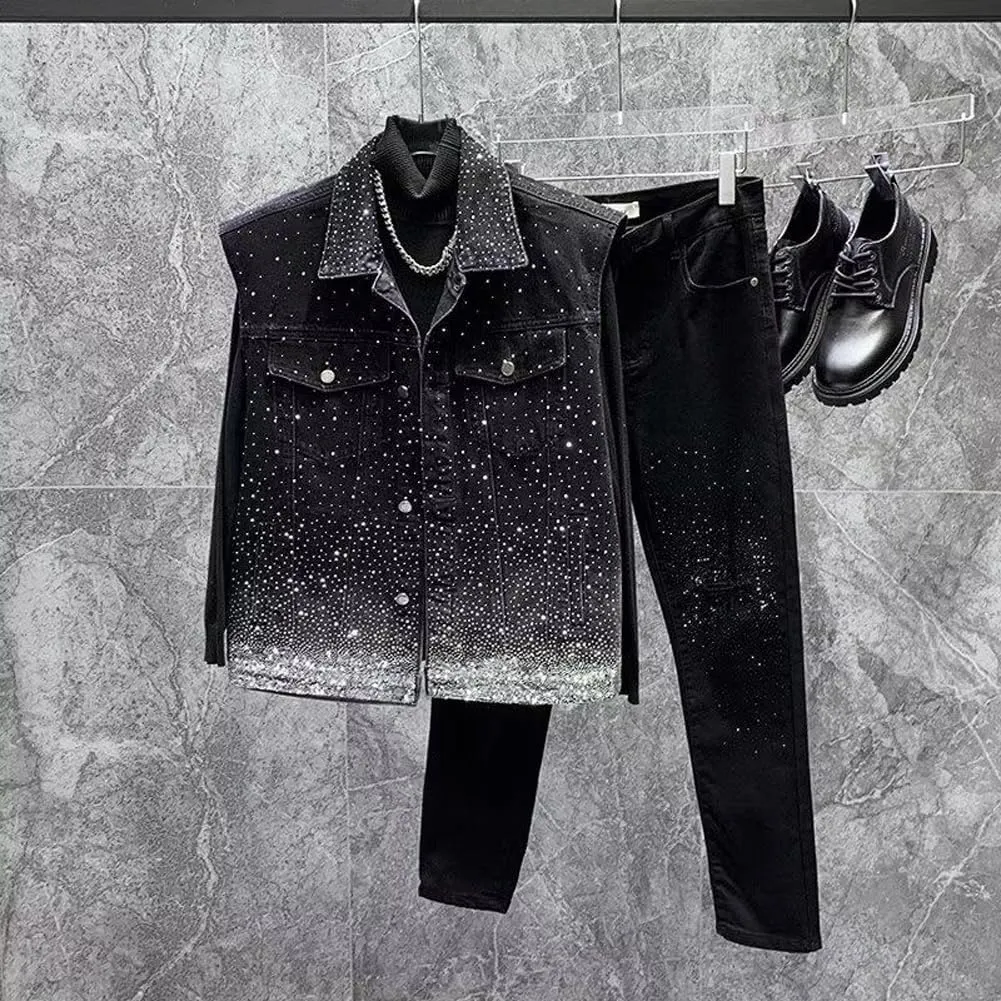 Mens Denim Vests Sleeveless Party Rhinestones Button Down Jean Vest Jackets