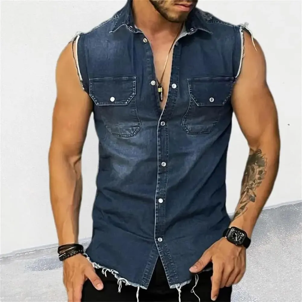 Mens Denim Vests Sleeveless Slim Fit Cowboy Button Down Jean Vest Jackets