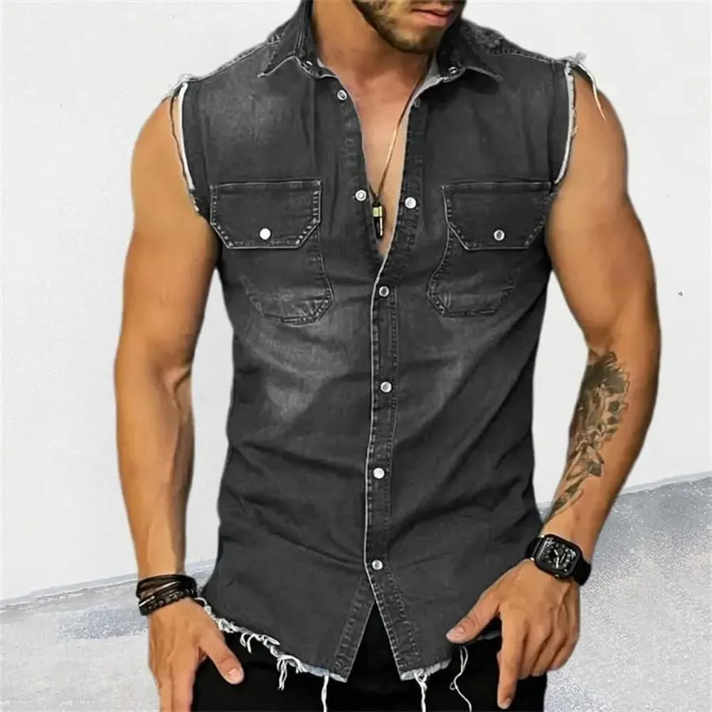 Mens Denim Vests Sleeveless Slim Fit Cowboy Button Down Jean Vest Jackets