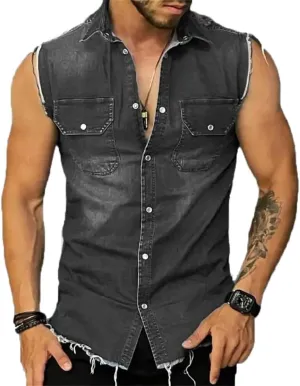 Mens Denim Vests Sleeveless Slim Fit Cowboy Button Down Jean Vest Jackets
