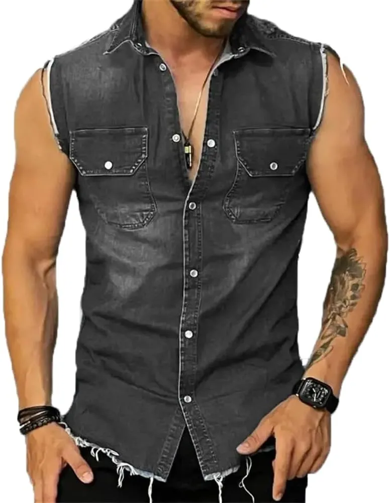 Mens Denim Vests Sleeveless Slim Fit Cowboy Button Down Jean Vest Jackets
