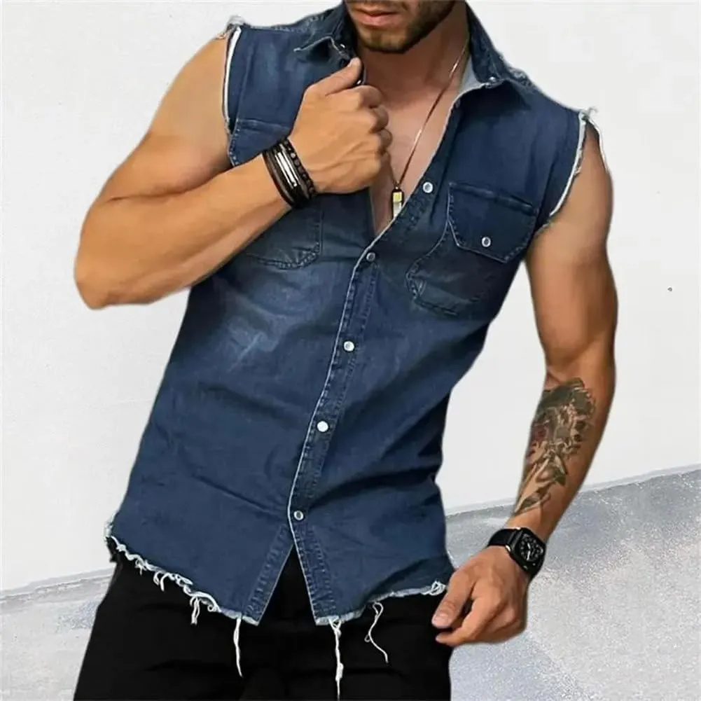 Mens Denim Vests Sleeveless Slim Fit Cowboy Button Down Jean Vest Jackets