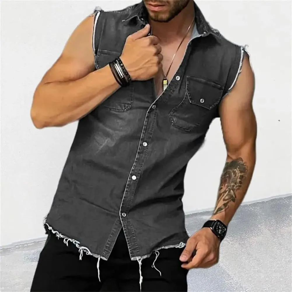 Mens Denim Vests Sleeveless Slim Fit Cowboy Button Down Jean Vest Jackets