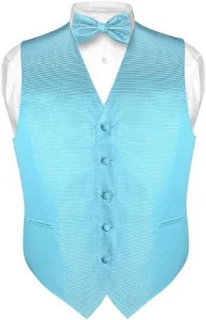 Men's Dress Vest & BOWTie Turquoise Aqua Blue BOW Tie Horizontal Stripe Set
