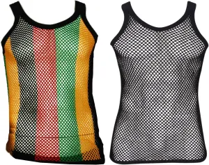 Mens Fitted String Mesh Vest Muscle Fishnet Cotton Rasta Black Red Green Yellow