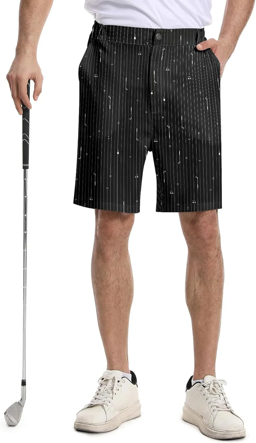 Mens Golf Shorts Print Casual Hiking Elastic Waist Dress Shorts with Zipper Pockets