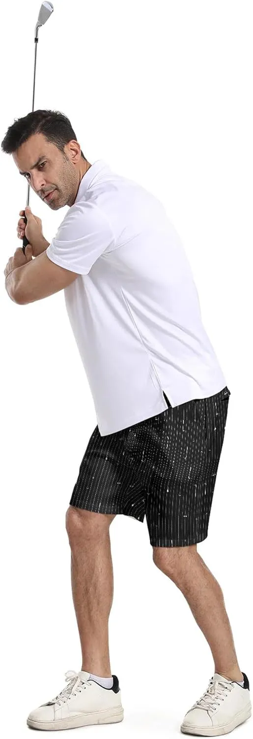 Mens Golf Shorts Print Casual Hiking Elastic Waist Dress Shorts with Zipper Pockets