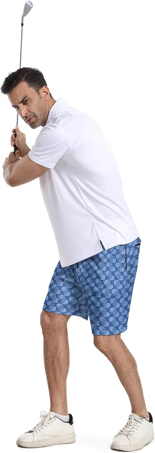 Mens Golf Shorts Print Casual Hiking Elastic Waist Dress Shorts with Zipper Pockets