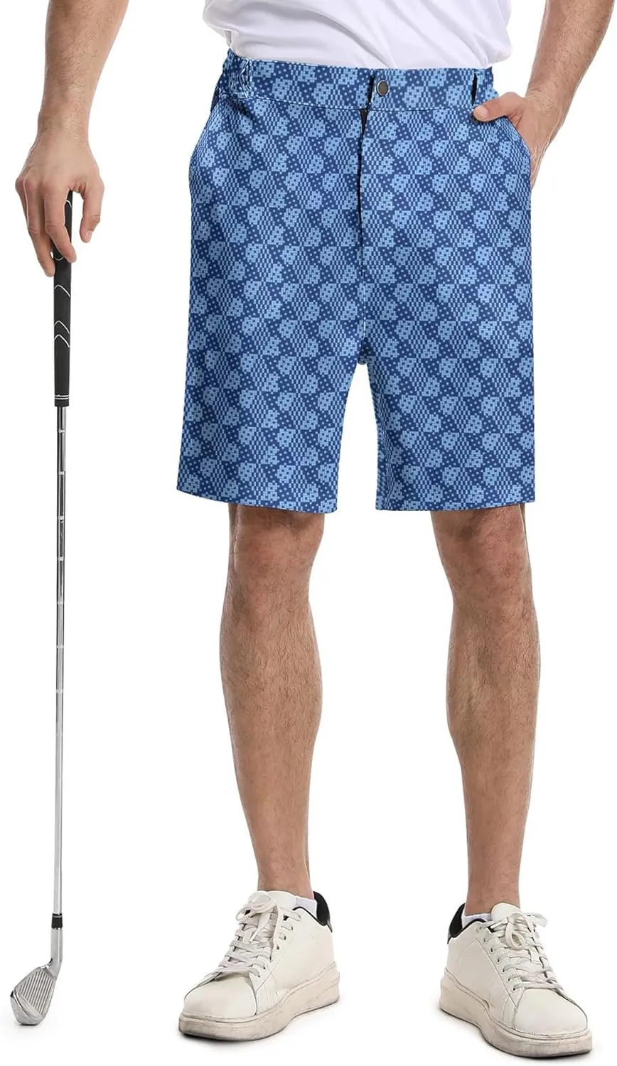 Mens Golf Shorts Print Casual Hiking Elastic Waist Dress Shorts with Zipper Pockets