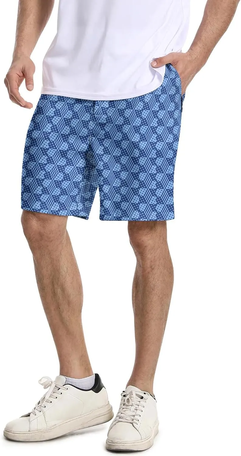 Mens Golf Shorts Print Casual Hiking Elastic Waist Dress Shorts with Zipper Pockets