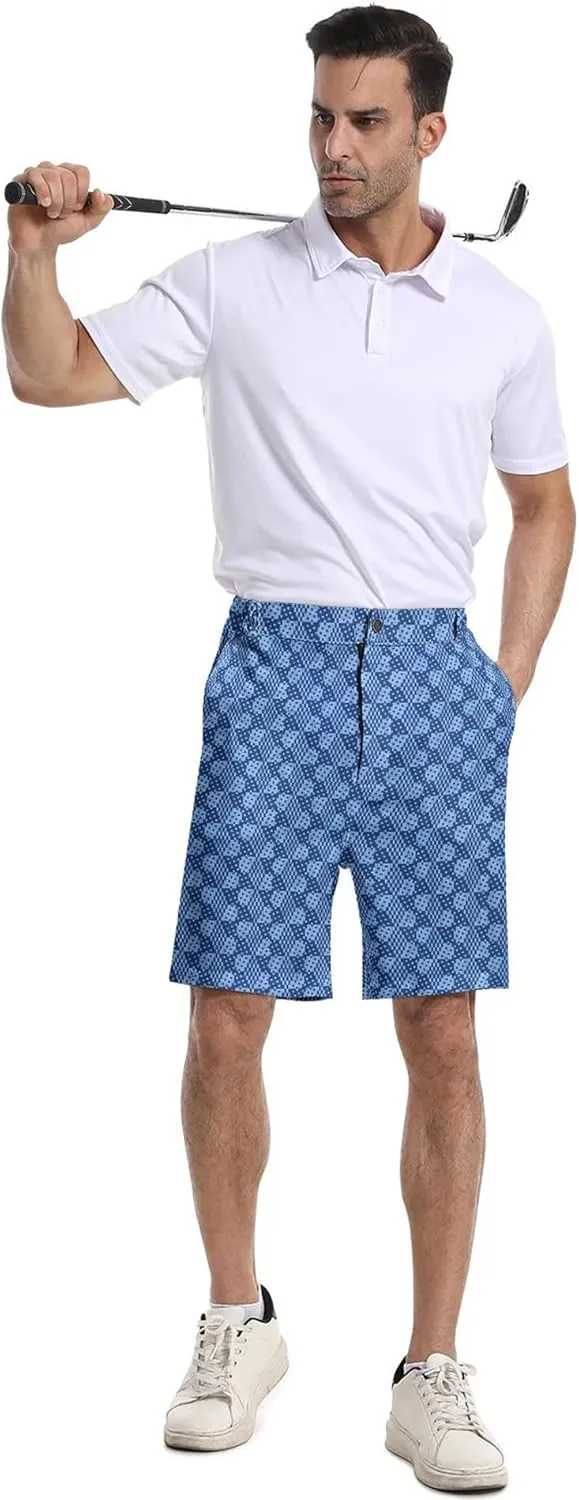 Mens Golf Shorts Print Casual Hiking Elastic Waist Dress Shorts with Zipper Pockets