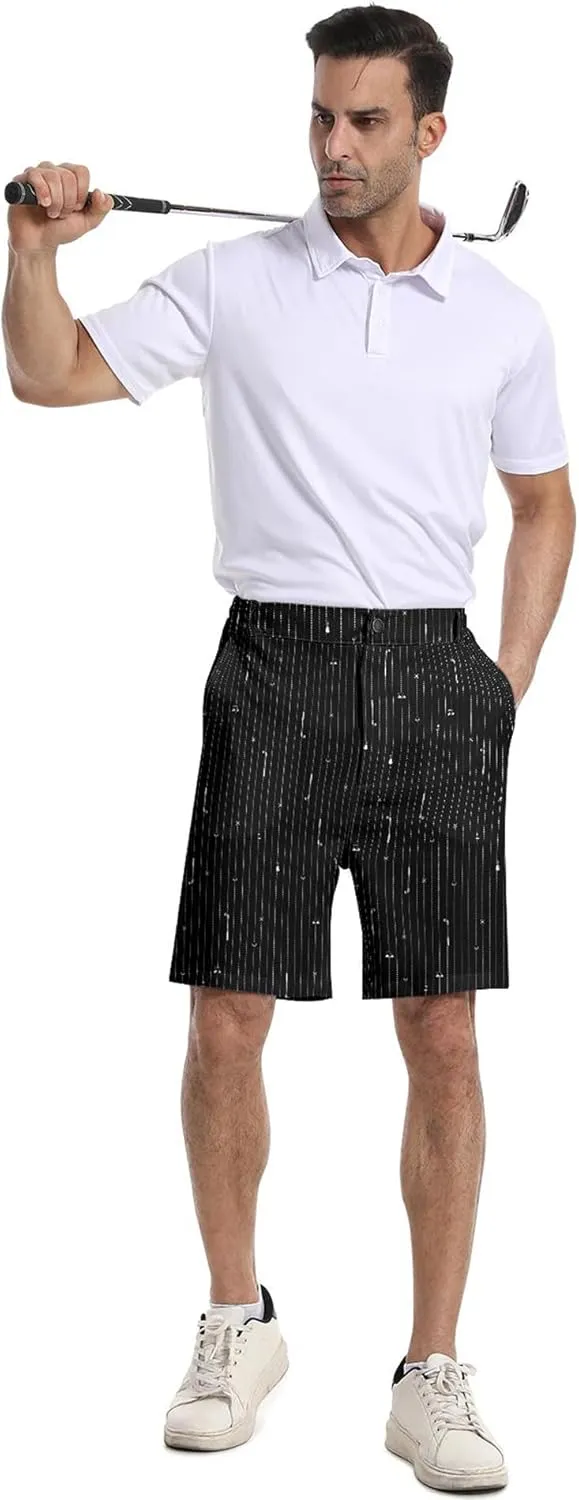 Mens Golf Shorts Print Casual Hiking Elastic Waist Dress Shorts with Zipper Pockets