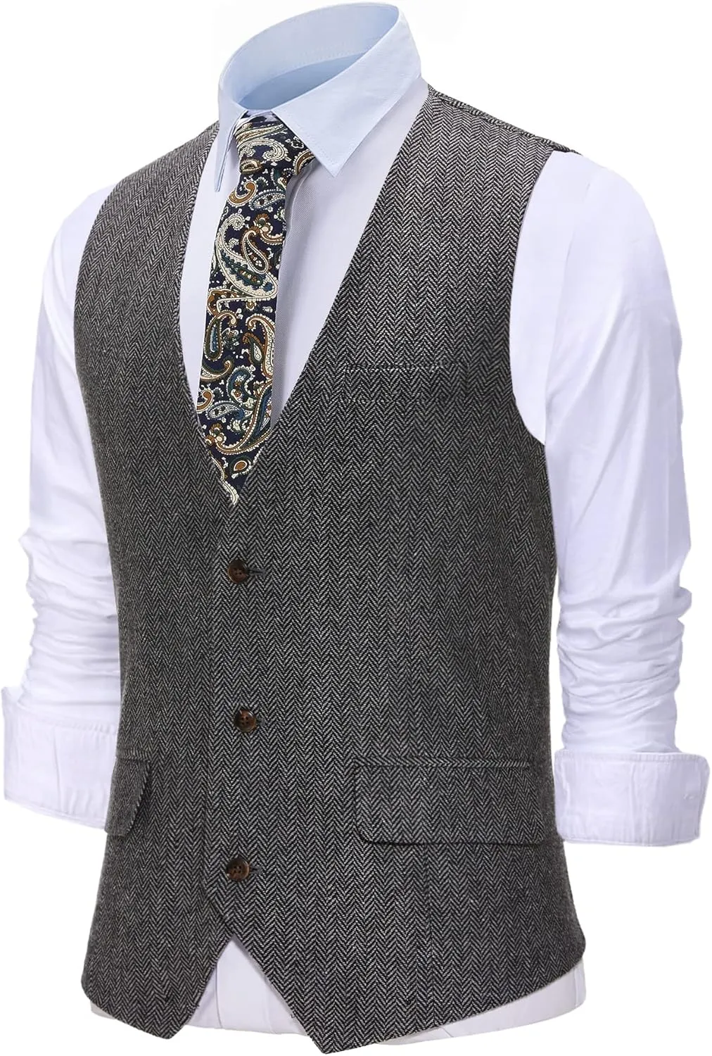 Men's Herringbone Tweed Wool Suit Vest Single Breasted Slim Fit Waistcoat Vest