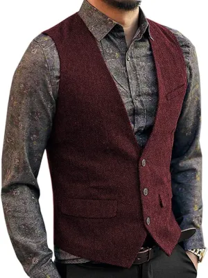 Men's Herringbone Tweed Wool Suit Vest Single Breasted Slim Fit Waistcoat Vest