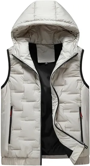 Mens Hooded Coats Sleeveless Jacket Warm Thick Cotton-Padded Work Waistcoat Gilet Down Vest Beige 4XL