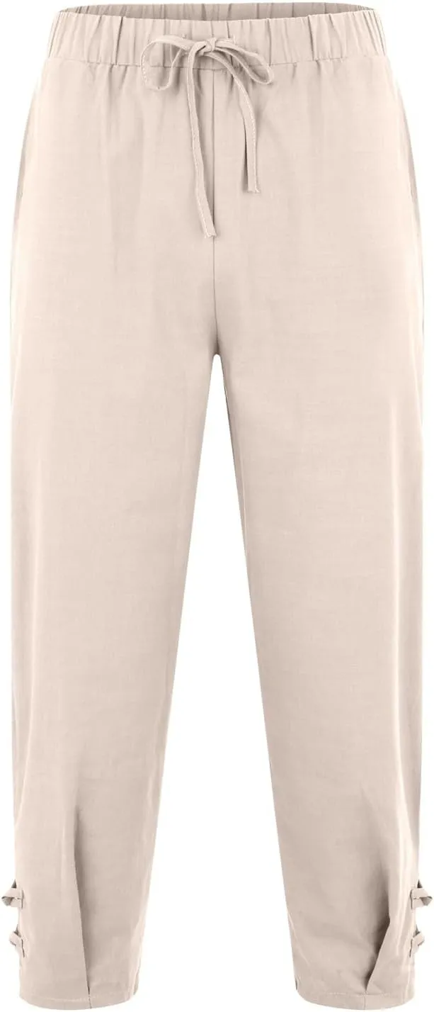 Men's Linen Casual Pants with Pockets Summer Elastic Waist Basic Capris Solid Leisure Athletic Five Short Pant Big and Tall