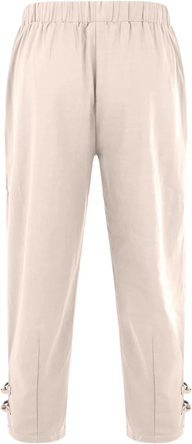 Men's Linen Casual Pants with Pockets Summer Elastic Waist Basic Capris Solid Leisure Athletic Five Short Pant Big and Tall