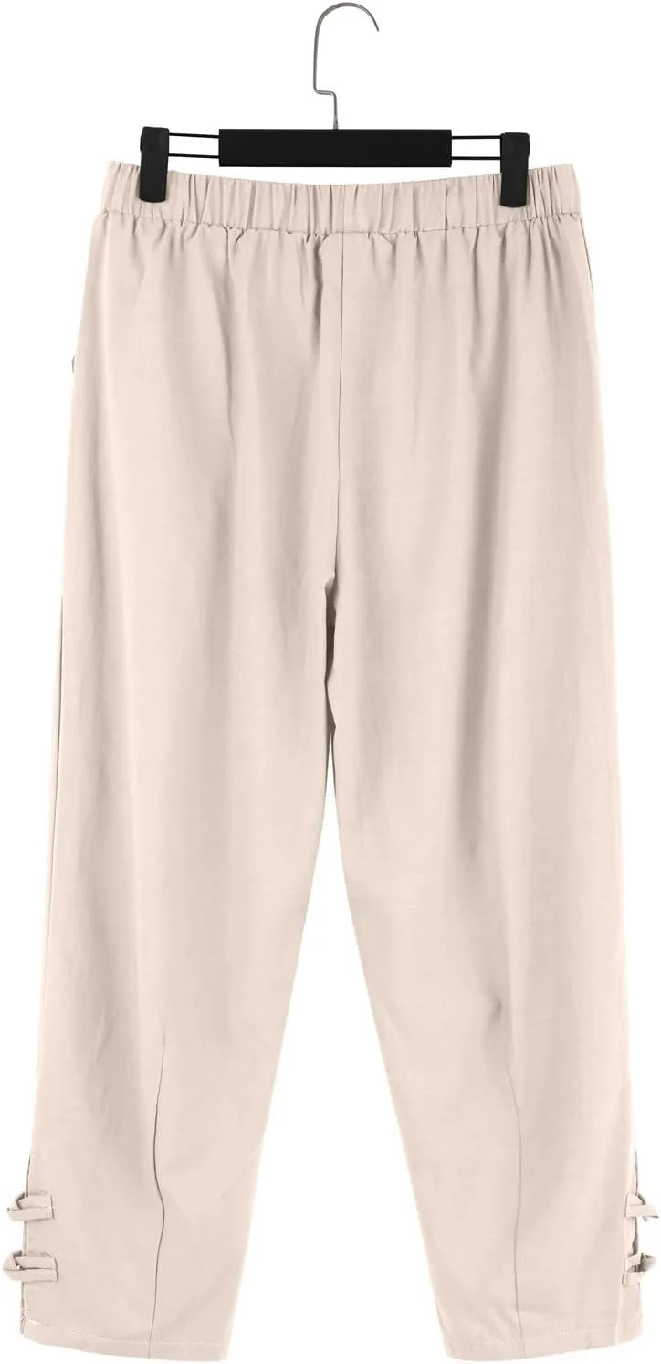 Men's Linen Casual Pants with Pockets Summer Elastic Waist Basic Capris Solid Leisure Athletic Five Short Pant Big and Tall
