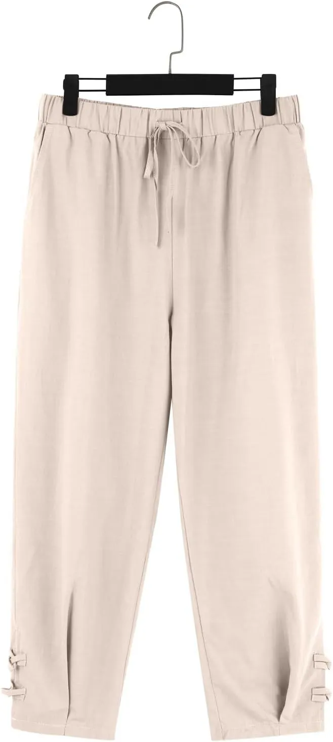 Men's Linen Casual Pants with Pockets Summer Elastic Waist Basic Capris Solid Leisure Athletic Five Short Pant Big and Tall