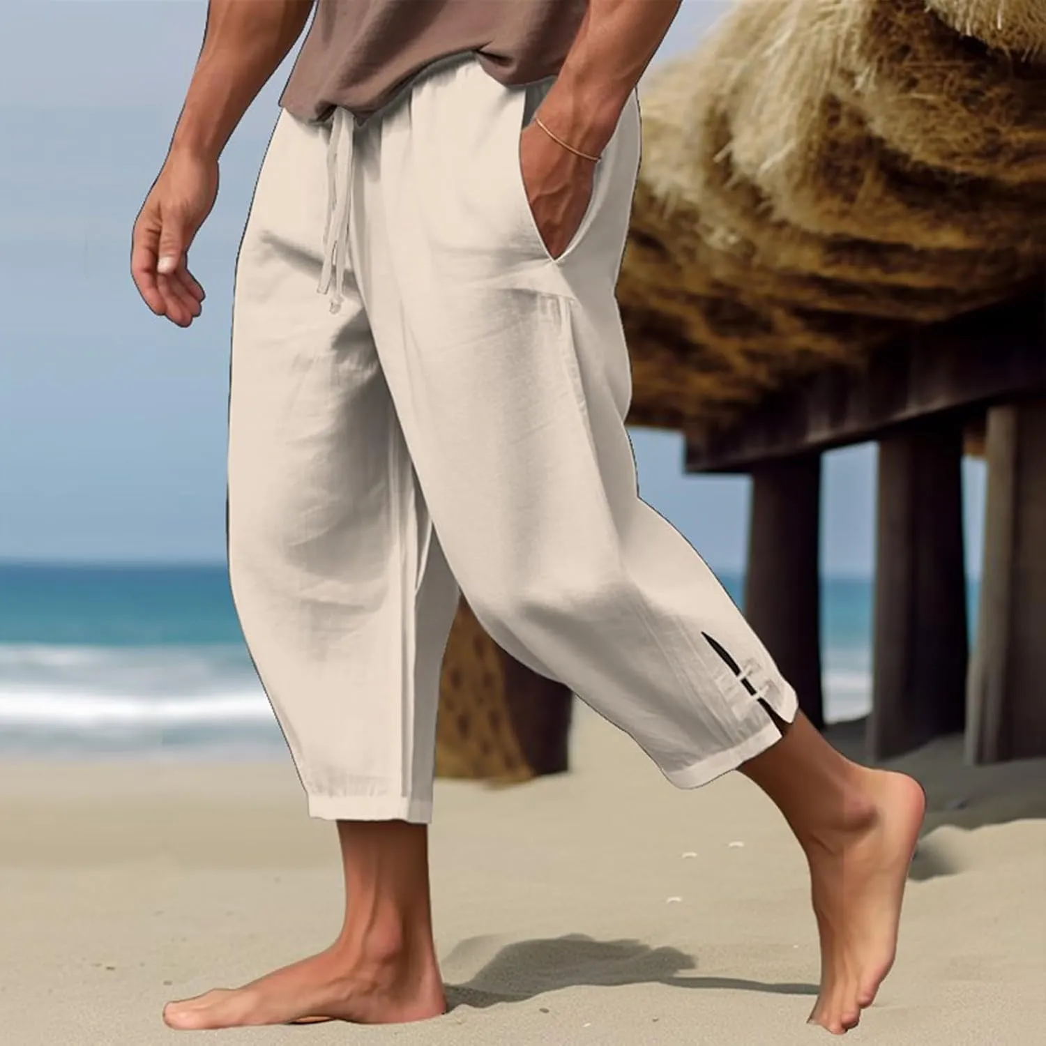 Men's Linen Casual Pants with Pockets Summer Elastic Waist Basic Capris Solid Leisure Athletic Five Short Pant Big and Tall