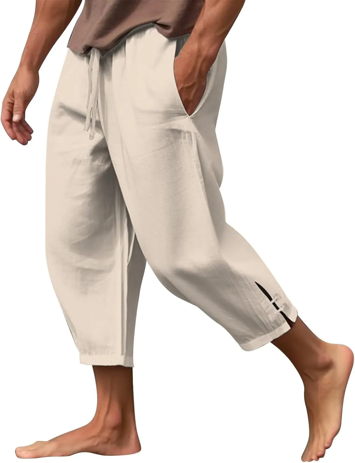 Men's Linen Casual Pants with Pockets Summer Elastic Waist Basic Capris Solid Leisure Athletic Five Short Pant Big and Tall