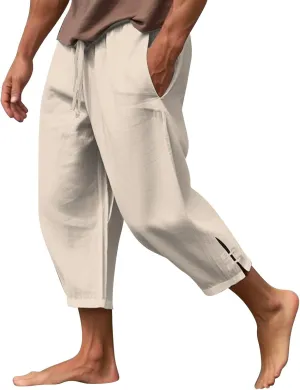 Men's Linen Casual Pants with Pockets Summer Elastic Waist Basic Capris Solid Leisure Athletic Five Short Pant Big and Tall