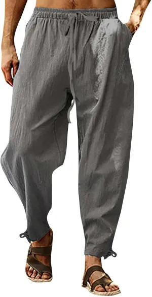 Men's Linen Pants Elastic Drawstring Casual Loose Fit Beach Summer Pants Lightweight Linen Trousers Yoga Pants