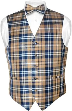Men's Plaid Design Dress Vest & BOWTie Black Gray White BOW Tie Set