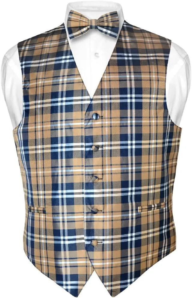 Men's Plaid Design Dress Vest & BOWTie Black Gray White BOW Tie Set