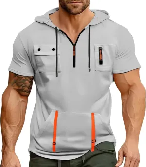 Mens Shirts Hoodies for Men Short Sleeve Quarter Zip Hoodie Tops Lightweight Oversized Hooded Tshirts with Pocket
