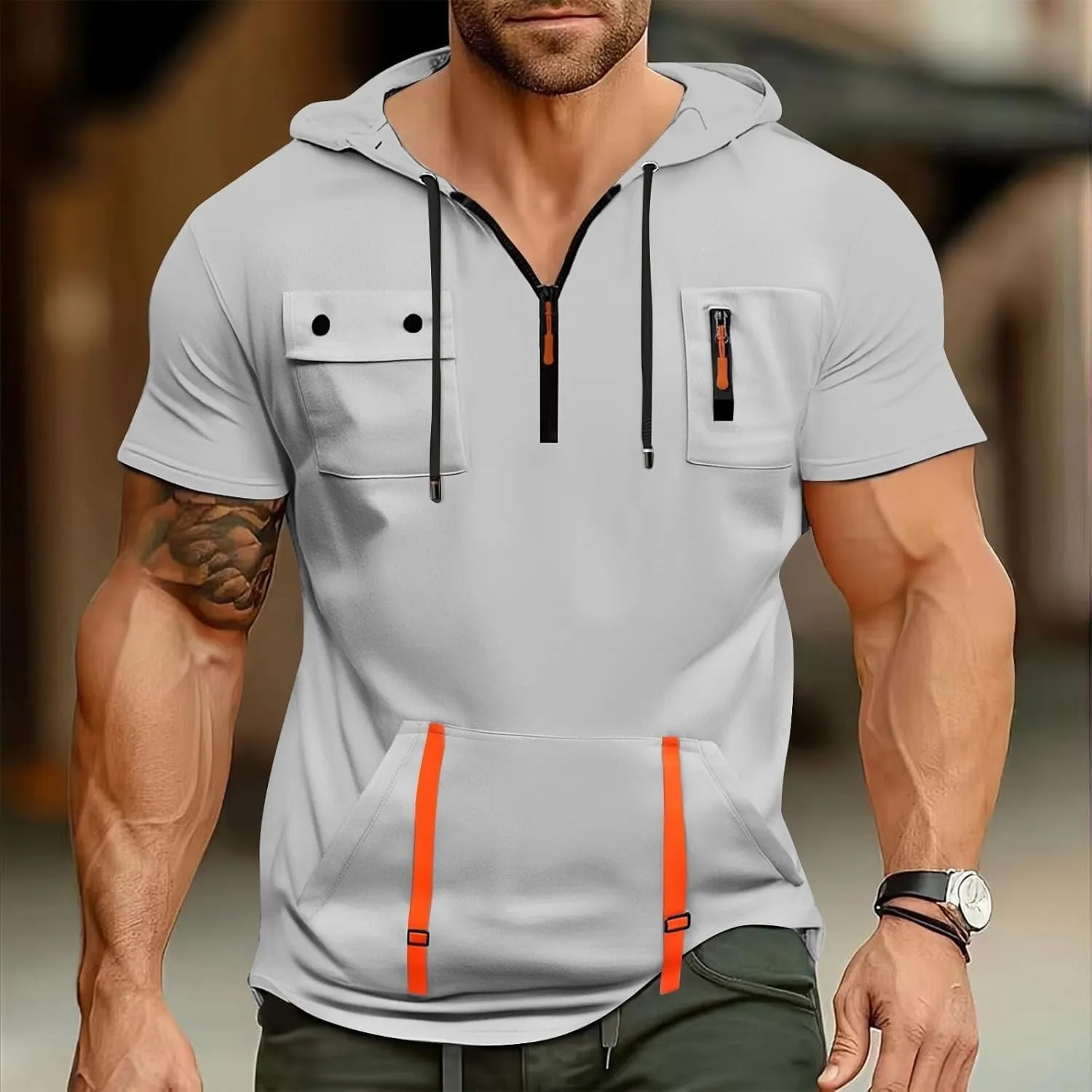 Mens Shirts Hoodies for Men Short Sleeve Quarter Zip Hoodie Tops Lightweight Oversized Hooded Tshirts with Pocket